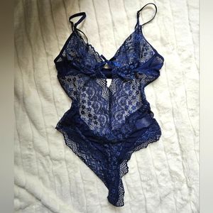 Blue Floral Lace Cheeky High-Cut Bodysuit, Women's Lingerie, Size Small